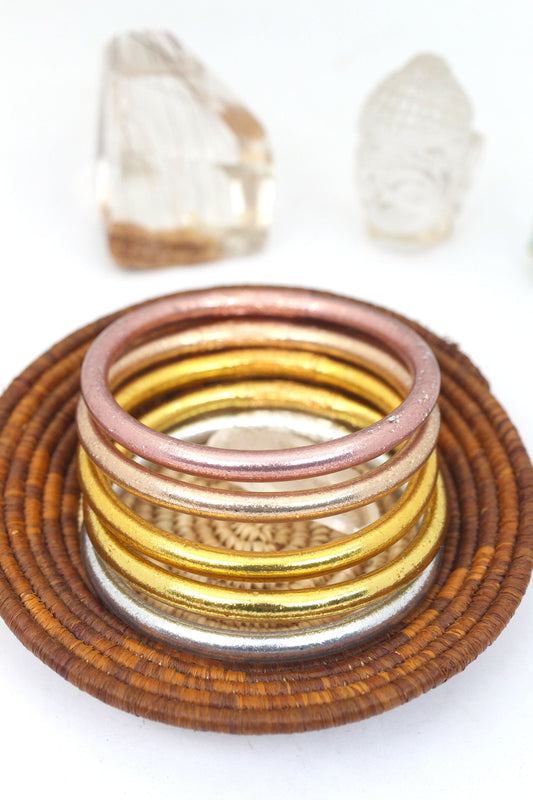 Mixed Metals Stack: 5 Thai Buddhist Temple Bracelets, Mantra Bangle Set