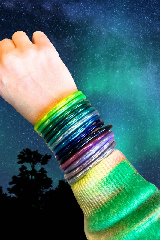 Aurora Borealis Stack: 13 Thai Buddhist Temple Bracelets, Mantra Bangle Set