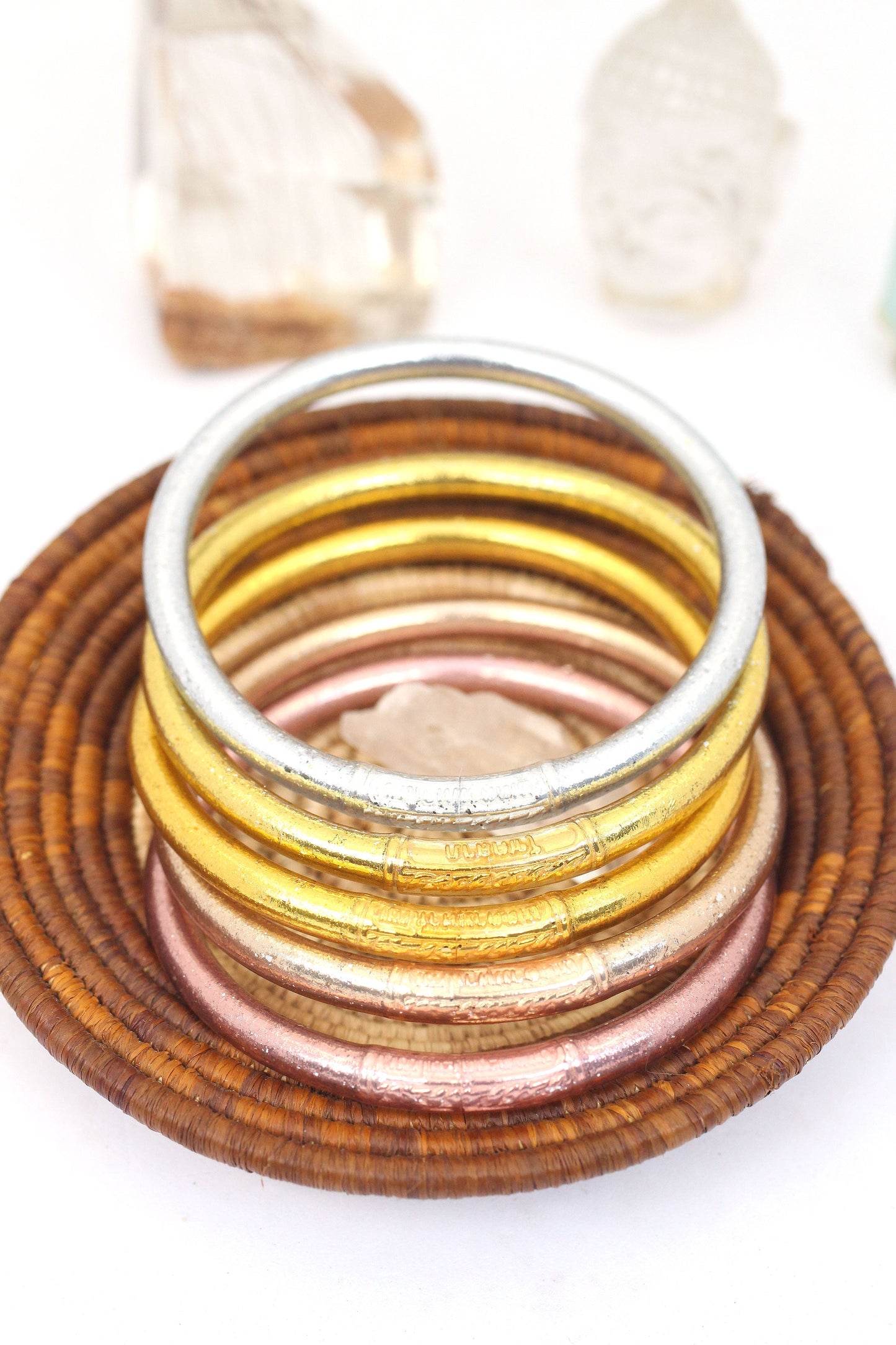 Mixed Metals Stack: 5 Thai Buddhist Temple Bracelets, Mantra Bangle Set