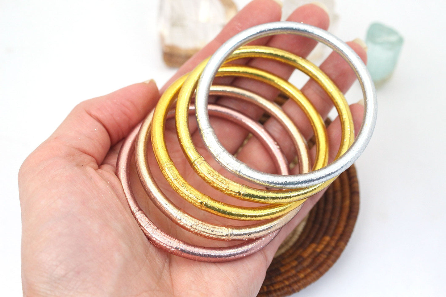 Mixed Metals Stack: 5 Thai Buddhist Temple Bracelets, Mantra Bangle Set