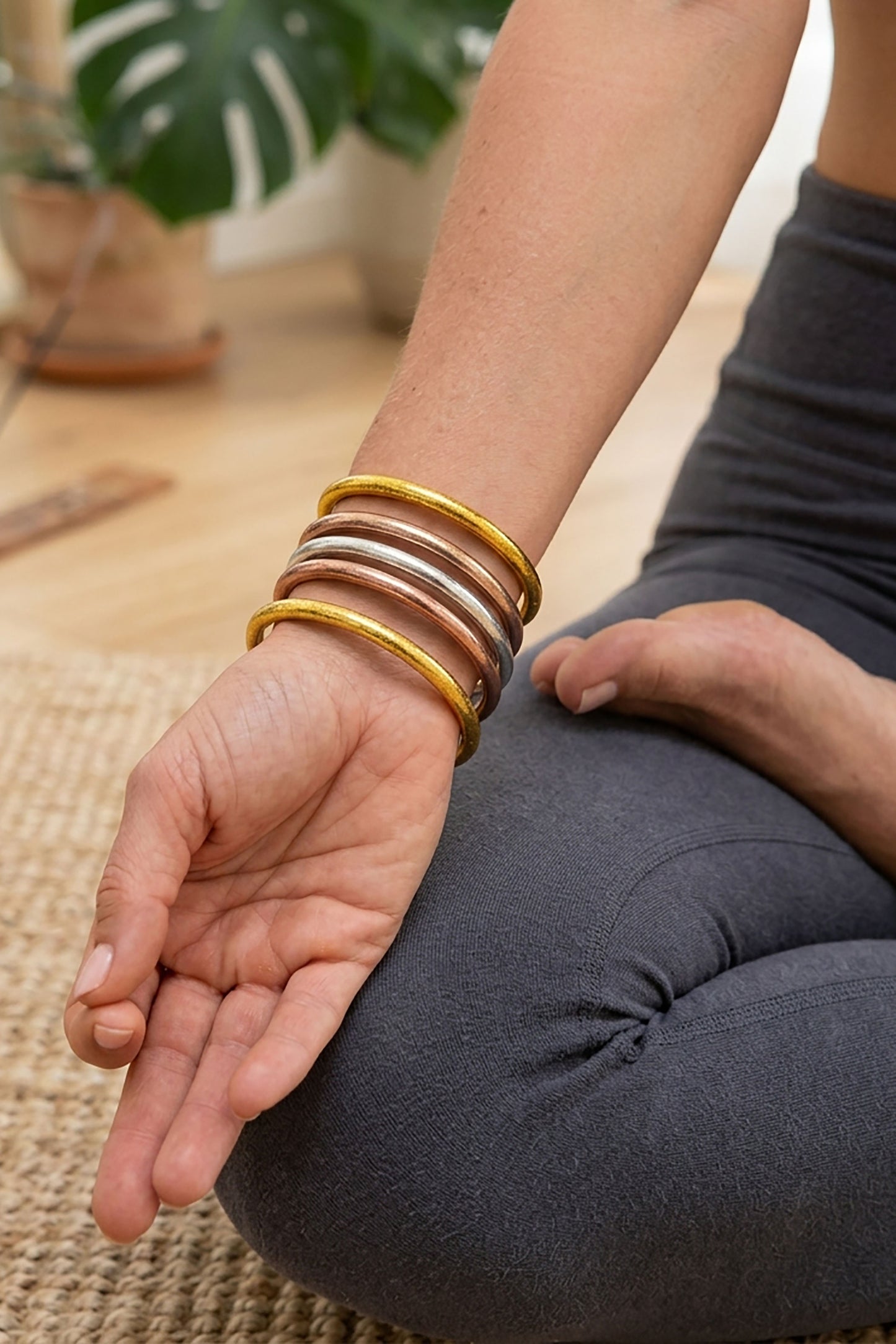 Mixed Metals Stack: 5 Thai Buddhist Temple Bracelets, Mantra Bangle Set