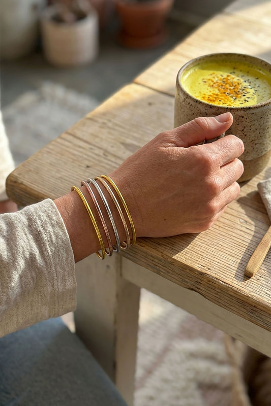 Thin Thai Buddhist Temple Bracelets, Metallic Mantra Bangles