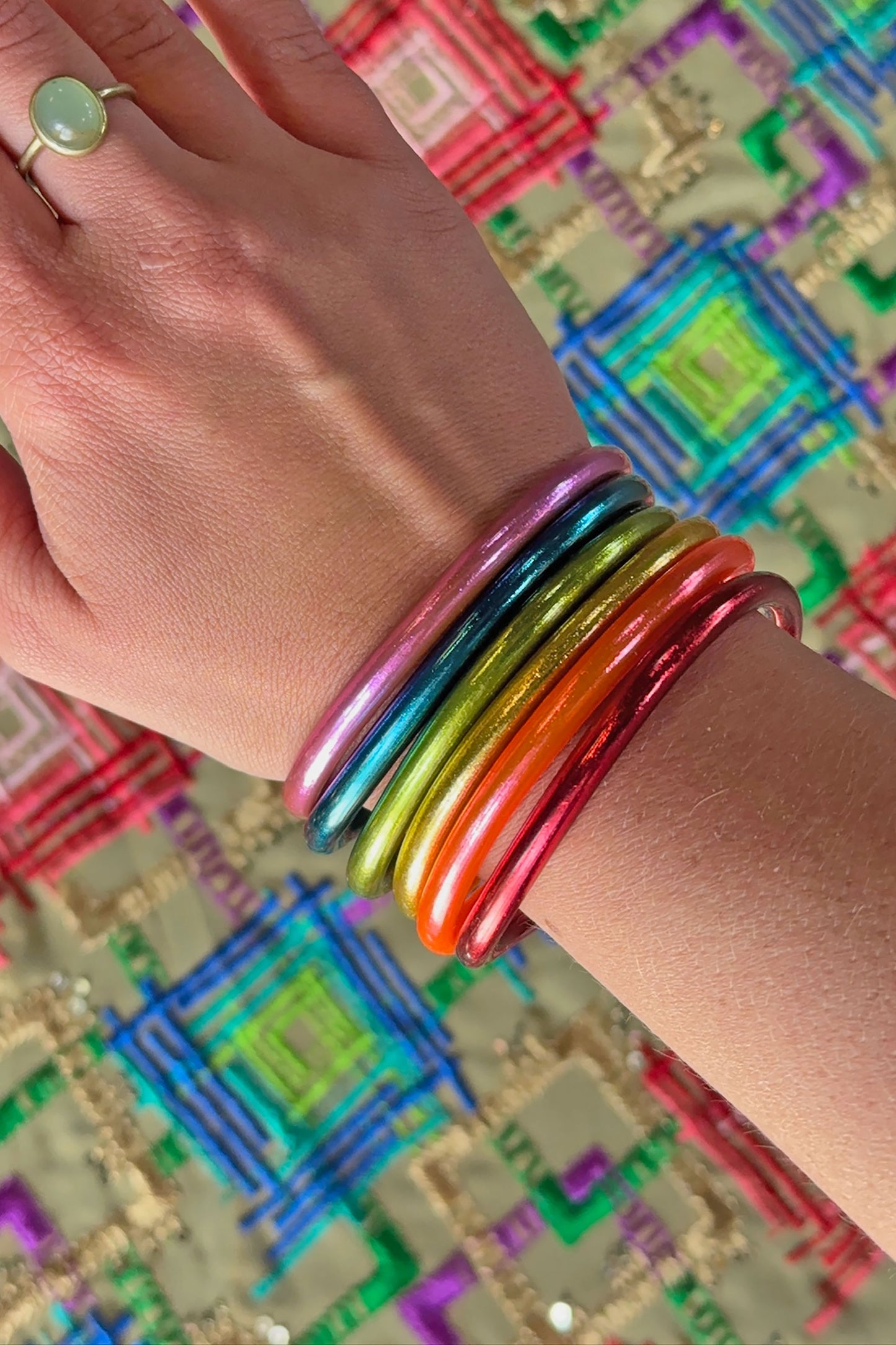 Retro Rainbow Stack: 6 Thai Buddhist Temple Bracelets, Mantra Bangle Set