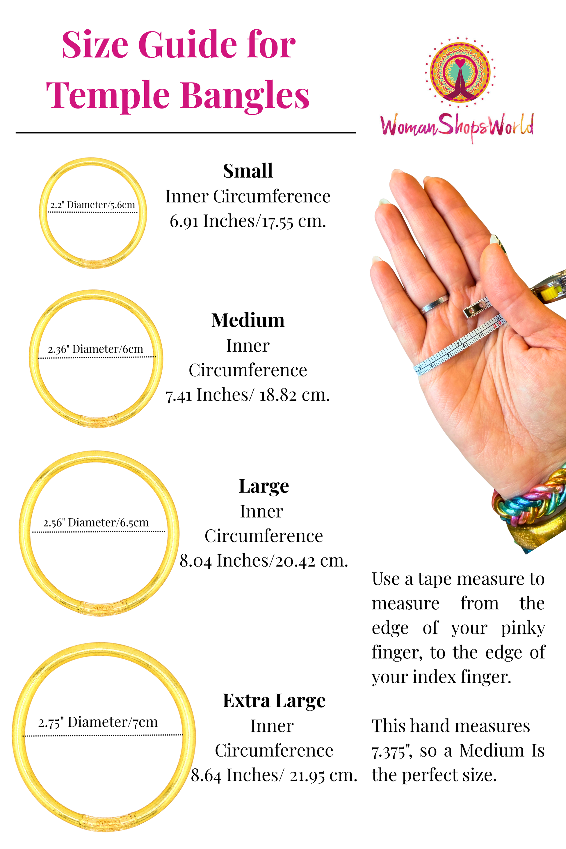 Image that shows different sizes of Thai Bangles, and a hand with a measuring tape for sizing reference