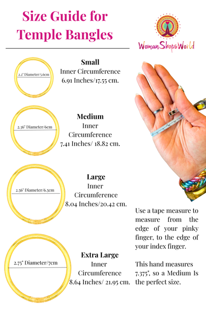 Image that shows different sizes of Thai Bangles, and a hand with a measuring tape for sizing reference