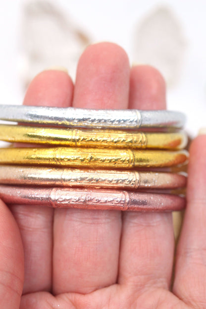 Mixed Metals Stack: 5 Thai Buddhist Temple Bracelets, Mantra Bangle Set