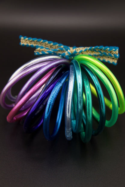 Aurora Borealis Stack: 13 Thai Buddhist Temple Bracelets, Mantra Bangle Set