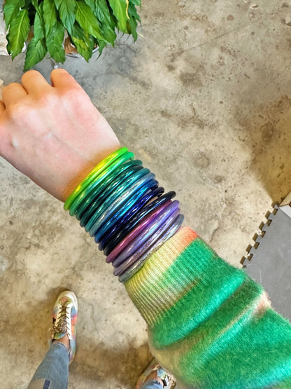 Aurora Borealis Stack: 13 Thai Buddhist Temple Bracelets, Mantra Bangle Set